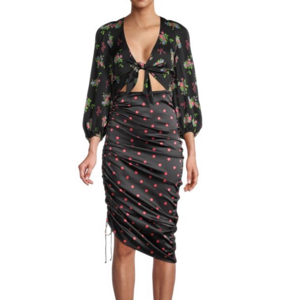 For Love & Lemons Wilson Print Ruched Dress in Floral Print and Polka Dots NWT